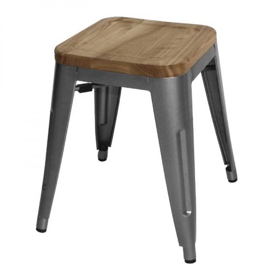 Bolero Grey Steel Bistro Low Stools With Wooden Seatpad (Pack Of 4) URO GM636
